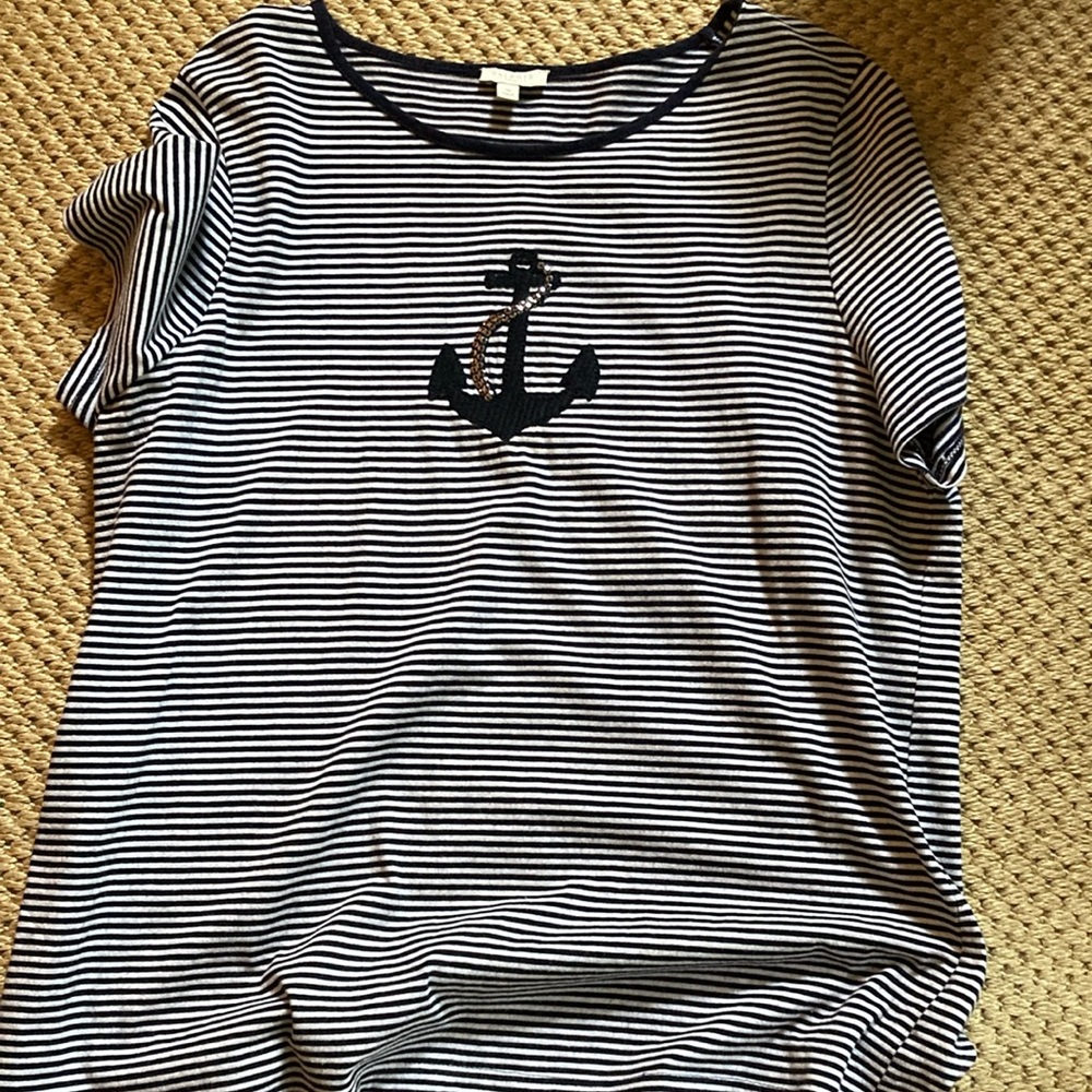 Talbots Blue and White Short Sleeve Tee with sequined anchor